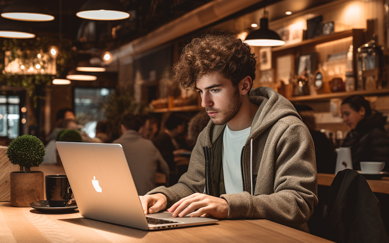 A young worship leader using ChatGPT at a coffee shop